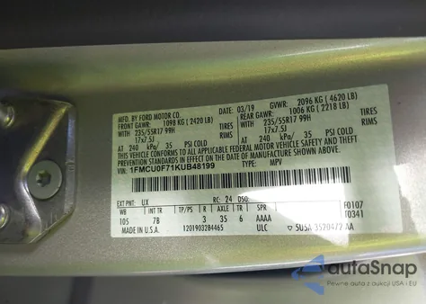 2019 Ford Escape S из США, поврежденный, VIN 1FMCU0F71KUB48199